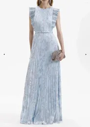 Casual Dresses Blue Maxi Dress Flouncing Ruffle ärmlösa Ruched Poests Belted Women Elegant 2024 Top Quality Spring Summer