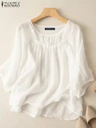 T-Shirt ZANZEA Summer Elegant Blouse Women White Tops O Neck 3/4 Sleeve Shirt Causal Loose Holiday Blusas Beach Tunic Chemise Mujer