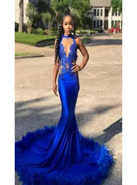2019 Royal Blue Prom Dress Dubai Arabic Lace Aplique Feather Longo Festrutura Formatura Graduação Vestido de festa de noite personalizado Made plus size2873664