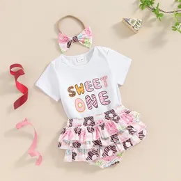 Clothing Sets Baby Girls Birthday Outfits Donut Print Short Sleeve Romper And Layered Ruffles Shorts Cute Headband 3 Piece Clothes