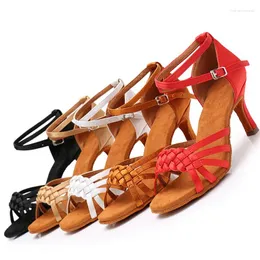 Sapatos de dança Syflyno feminino adulto interno de salto médio performance latim chacha cetim sandálias