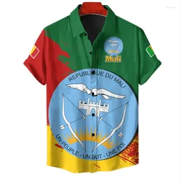 Camisas casuais masculinas mapa de bandeira mali mapa 3d de manga curta Blusa da lapela havaiana Blush National Bloups Africa Male Button Tops