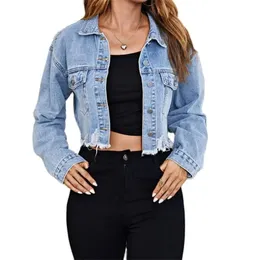 Mode gebrochene Löcher Quaste Hem Denim Jacke Frauen Doppelpockt Casual Coat weibliche SingleBreaSted Cardigan Short Outerwear 240423