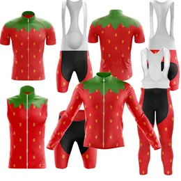 Racing Sets Mens Funny Red Strawberry Cycling Jersey Kit Fruit Style Bicycle Clothing For Seasons Road Bike Shirts Suit MTB