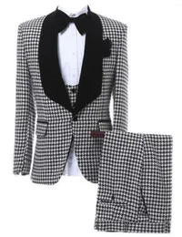 Ternos masculinos Slim Fit Houndstooth Suit Shawl Smoquedo para festas e jantar prateado brilhante