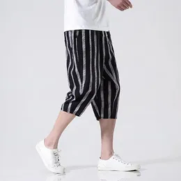 Men's Pants Plaid Capri For Man Retro Plus Size Haren Summer Wide Leg Trousers Thin Casual Male Drawstring Pockets