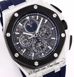 43mm 26571 Miyota Quartz Cronógrafo masculino Caso de aço Black Buzel Blue Skeleton Dial Markers Stick Strap Stopwat2956506