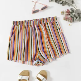 Plus -storlek Rainbow Stripe Print Casual Summer Short Elastic midja Löst blommor Shorts Kvinnlig strand 240420