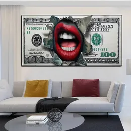 Scultura moderna del cranio e labbra rosse Money Tela Painting Abstract Art Print Poster Cuadros per soggiorno Decor Immagini 240429