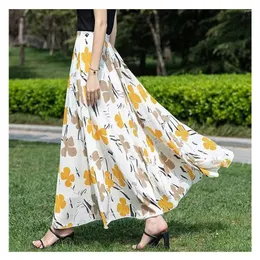 Skirts Summer Versatile Printed Chiffon Skirt For Women High Waist Large Size A Line Hem Dancing Casual Long Woman M-4XL