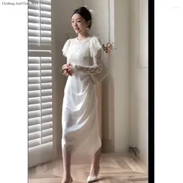 Casual Dresses 2024 Summer High End Craft Lace Be Aclaged Chinese Style White Cheongsam kjol Evening Banket Women's Ceremonial Dress