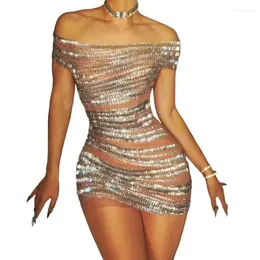 Bühnenbekleidung Frauen von Schulter glänzender Strasssteine Kleid Mesh Wrap Hip Bodycon Sexy Club Party Kostüm Sänger Performance Kleidung