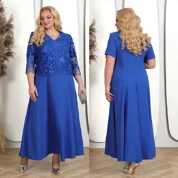 Royal Blue Lace Mutter der Brautkleider mit Jacke kurze Ärmeln eine Linie Hochzeit Gastkleid Knöchel Länge Plus Size Abendkleider