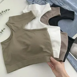 Kadın tankları bir omuz mahsulü üstleri kolsuz t-shirt sutyen yumuşak çok yönlü yaz plaj yeleği çıplak didifli bayanlar pamuklu kıyafetler