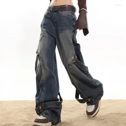 Kvinnors jeans Loose Y2K Retro pojkvän Metall Buckle orolig tvättade breda benbyxor 2024 Street