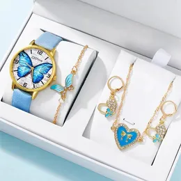 Wristwatches Blue Butterfly Watch Set For Women Fashion Casual Quartz Wristwatch Ladies Elegant Leather Band Bracelet Watches Gifts