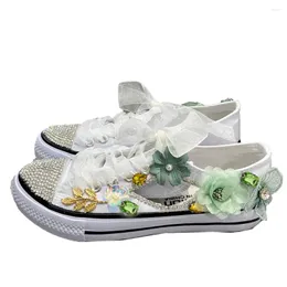 Casual Shoes Sneakers Very Soft Easy Walks Round Head Hand Make Flowers Bright Crystal Rhinestone Green Flower Custom Color Personalized