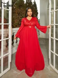 Plus Size Dresses Missord Red V Neck Long Sleeved A-line Evening Prom Wedding Birthday Party Formal Occasion