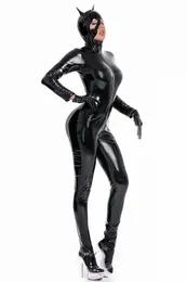 Damennetzer Look glänzender PU -Kunstleder -Leder -Overallanzug Langarm Reißverschluss Offener Schritt Latex Bodysuit Clubwear Plus Size 240420