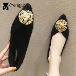 Casual Shoes Round Metal Buckle Women Designer Fleeces Flats Winter Plush Felt Loafers Woman Point Toe Fur Moccasins Big Size 34-45