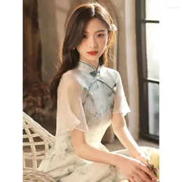 Ubranie etniczne 2024 Summer Cheongsam Fairy Young Style Elegancki retro qipao dziewczyna Mała świeża długość nowoczesna sukienka orientalna