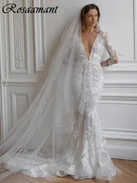 2024 Deep V-Neck Long Sleeve Mermaid Wedding Dresses Backless Appliques 레이스 활 신부 가운 Robe de Mariee