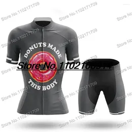 Racing Sets 2024 Womens Grey Cycling Jersey Set Donuts Funny fez este corpo para mulheres por atacado MTB Maillot Kit