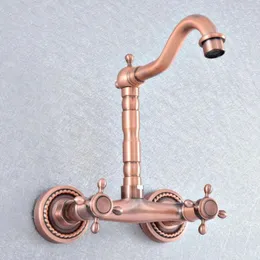 Bathroom Sink Faucets Antique Red Copper Kitchen Faucet Dual Handle Wall Mounted 360 Rotate Swivel Basin Mixer Tap Lsf859