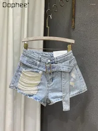 Jeans feminino 2024 Verão Bordado de Slimming da mulher sexy shorts rasgados shorts femininos feminino A-line perna larga calça jeans moda