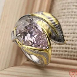 Anelli a grappolo S925 Sterling Silver for Women Fashion Feather Feather Intarsia intarsiata Gioielli regolabili in cristallo zircone