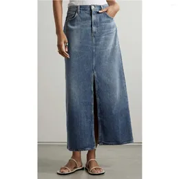 Röcke Frauen vordere Schlitz Denim Midi Rock Mode High Taille Baumwolltaschen Lady Jupe Spring 2024