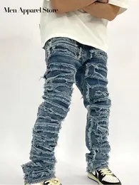 Yırtık retro delik sıkıntılı kot pantolon erkekler için rahat düz yıkanmış harajuku hop denim pantolon Sonbahar vibe uzun pantolonlar erkek giyim 240420