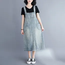 Vestido de mezclilla casual de mujeres: correas rectas sueltas, vintage  lavado, gran tamaño, estilo de mamá