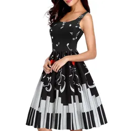 Elegant Casual Womens Vest Stitching Musical Note Music Score Printed Large Swing Dress