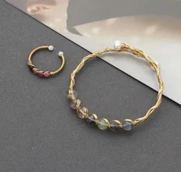 Серховые ожерелье украшения металлическая проводная обертка золотой брунт кристаллический камень из бусин -манжеты турмалиновый кольцо браслет для женщин 6083041