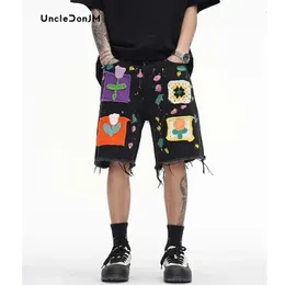 Graffiti Denim Shorts Pathches Flower Jorts Men Vibe Style workowate uliczne jeansy Y2K za 240430