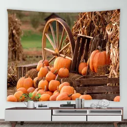 Tapestries Autumn Harvest Festival Fastival Facestry Pumpkin Retro Wooden Wheel Farm Fall Garden Garden Wall Hanging Art Decil