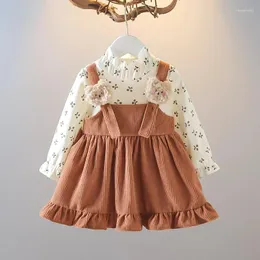 Girl Dresses Girls Printing Splicing Corduroy Dress Spring Baby Long-Sleeved Ruffled Floral Sweet Princess