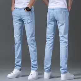 Män affärer avslappnad rak smal ben jeans ljusblå grå stretch vintage denim pants streetwear slim fit kvalitet byxor 240420