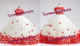 2022 Flores feitas à mão Quinceanera baile Vestidos duas peças Jewel Appliques Red Lace Red Lace Sweet 16 Dress Formature Party9440722