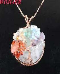 Wojiaer Natural Cabochon Stone Tree of Life Pendant Rose Gold Wire Wrap 7 Chakra Chip Bead Women Halsband 2022 Ny bo9027908512