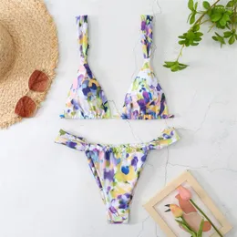 Kvinnors badkläder Fashion Print Bikini Thong Straps String Backless Triangle Push Up Swimsuit Y2K Tropical Vacation Trend Women Beach Set