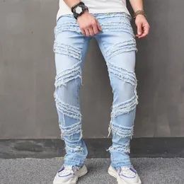 Streetwear -Männer stilvolle Spleiß Slim Biker Jeans Hosen Hip Hop Stapelte männliche solide Joggen gerade Jeanshose 240422