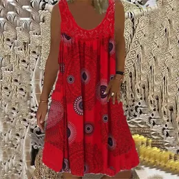 Sıradan Elbiseler Dijital Baskı Sundress Bohem Vintage Tatil Elbise Yuvarlak Boyun Pileli Mini Kadınlar İçi Boş Out Yaz