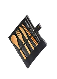 Conjunto de utensílios de madeira de madeira colher de chá de bambu faca de faca de sopa de sopa conjuntos de talheres com bolsa de pano de cozinha ferramentas