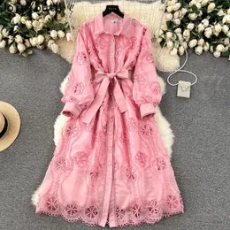 Casual klänningar maxi för kvinnor vintage tung broderi robe femme singel bröstbandage a-line ihålig klänning vestidos de mujer