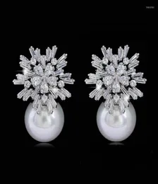 Studörhängen 1Pair Pearl Fashion Cute Snowfake Clear Cubic Zircon Jewelry for Woman Girl Gift4618544