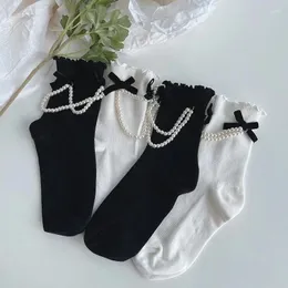 Women Socks Cotton Female Cute Sweet Kawaii Lolita Handmade Harajuku Summer Pearl Stockings White Black Ruffle Girls Sox