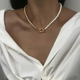 2023 Fashion Imitation Pearls Bead Chain Necklace for Women Classic Vintage OT CLASP Gold Color Choker Neck smycken gåva 240429