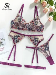 Singrainy floral embroidery sexy 4-piece set for womens tight fitting clothing transparent strapless club sex lingerie set 240425